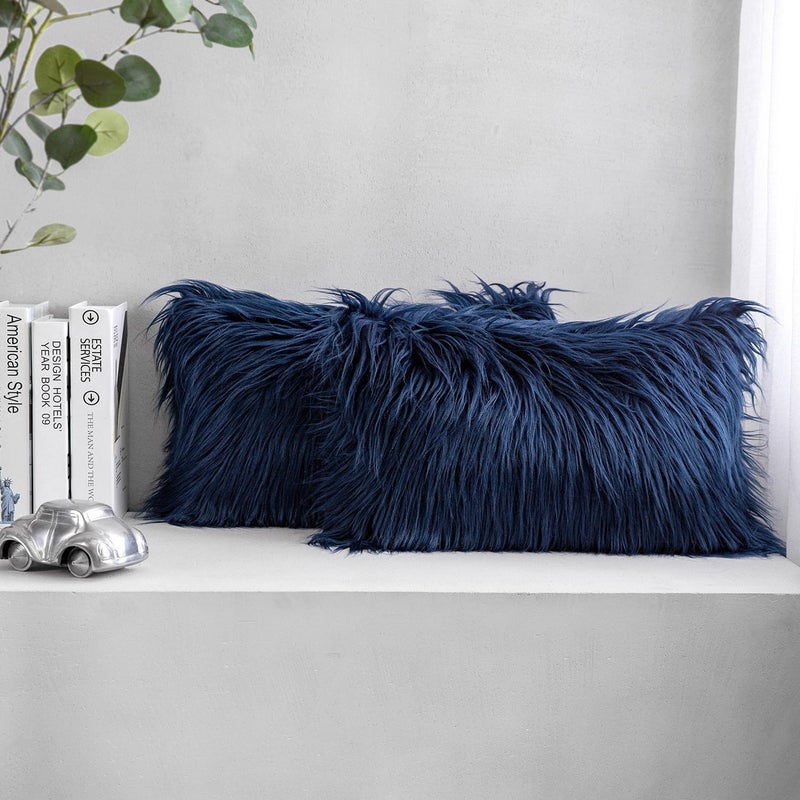Phantoscope Pack of 2 Faux Fur Solid Throw Decorative Pillow Cover Cushion Covers Luxury Soft Decorative Pillowcase Fuzzy Pillow Covers for Bed/Couch,Navy Blue 12 x 20 Inches - Image 1